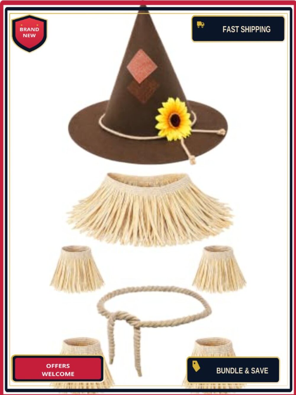 7 Piece Scarecrow Costume Set Felt Hat Raffia Shawl Belt Adult Halloween
